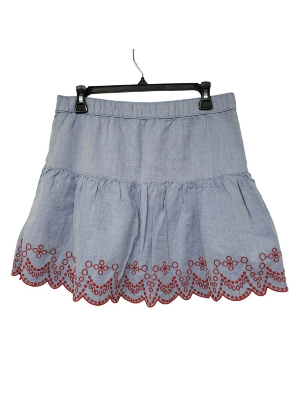 Vineyard Vines Blue Red Embroidered A Line Mini Skirt Chambray Flounce Pull On - Picture 5 of 9
